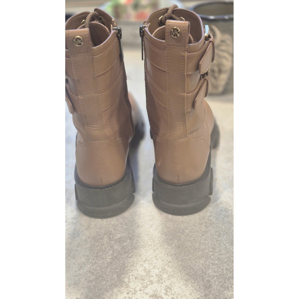 Michael Kors Brown Leather Combat Boots Lug Sole Moto Buckle Side Zip Women 7.5 - Picture 9 of 16